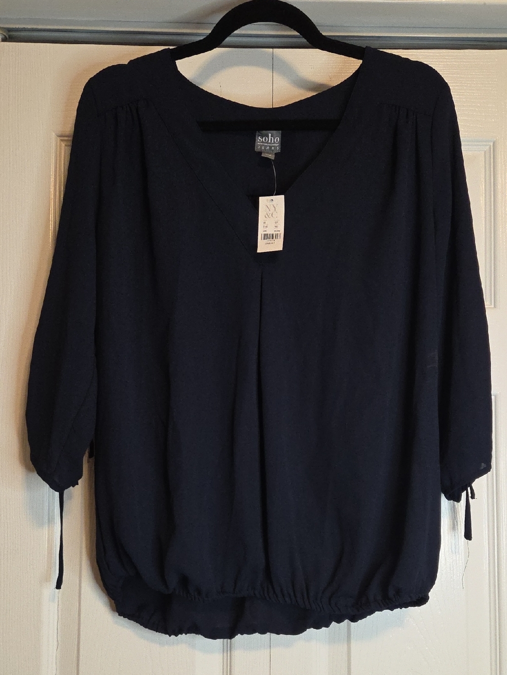 New York & Company Navy V-Neck 3/4 Sleeve Tie-Hem Blouse